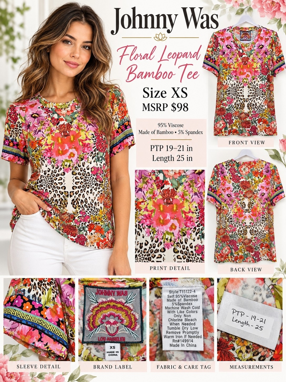 Johnny Was Floral Leopard Bamboo Tee XS Boho Short Sleeve TIS122-4